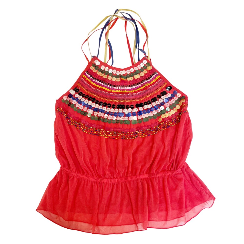 Y2K Moda Intl Sequin Beaded Halter Top Peplum Strappy Festival Boho - MEDIUM
